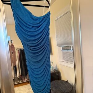 Hello Molly Blue One-Shoulder Asymmetrical Draped Dress